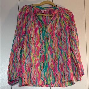 Lilly Pulitzer Multicolor Wave-Print Blouse in Pink, Teal, Green & Cream
